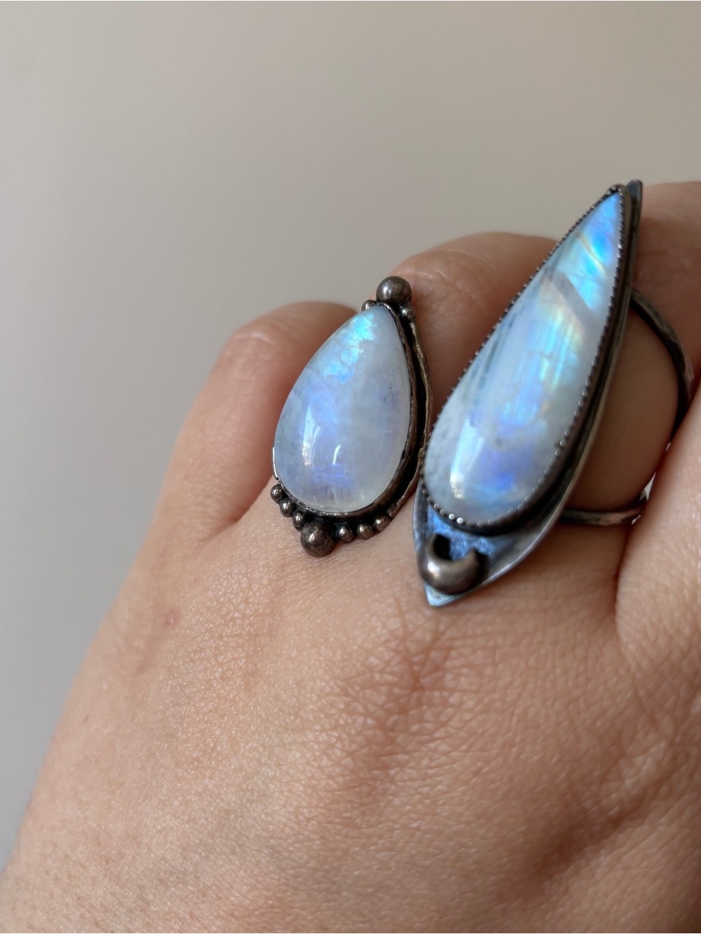 Bundle Moonstone Teardrop Sterling Silver Ring - Iridescent Blue-White